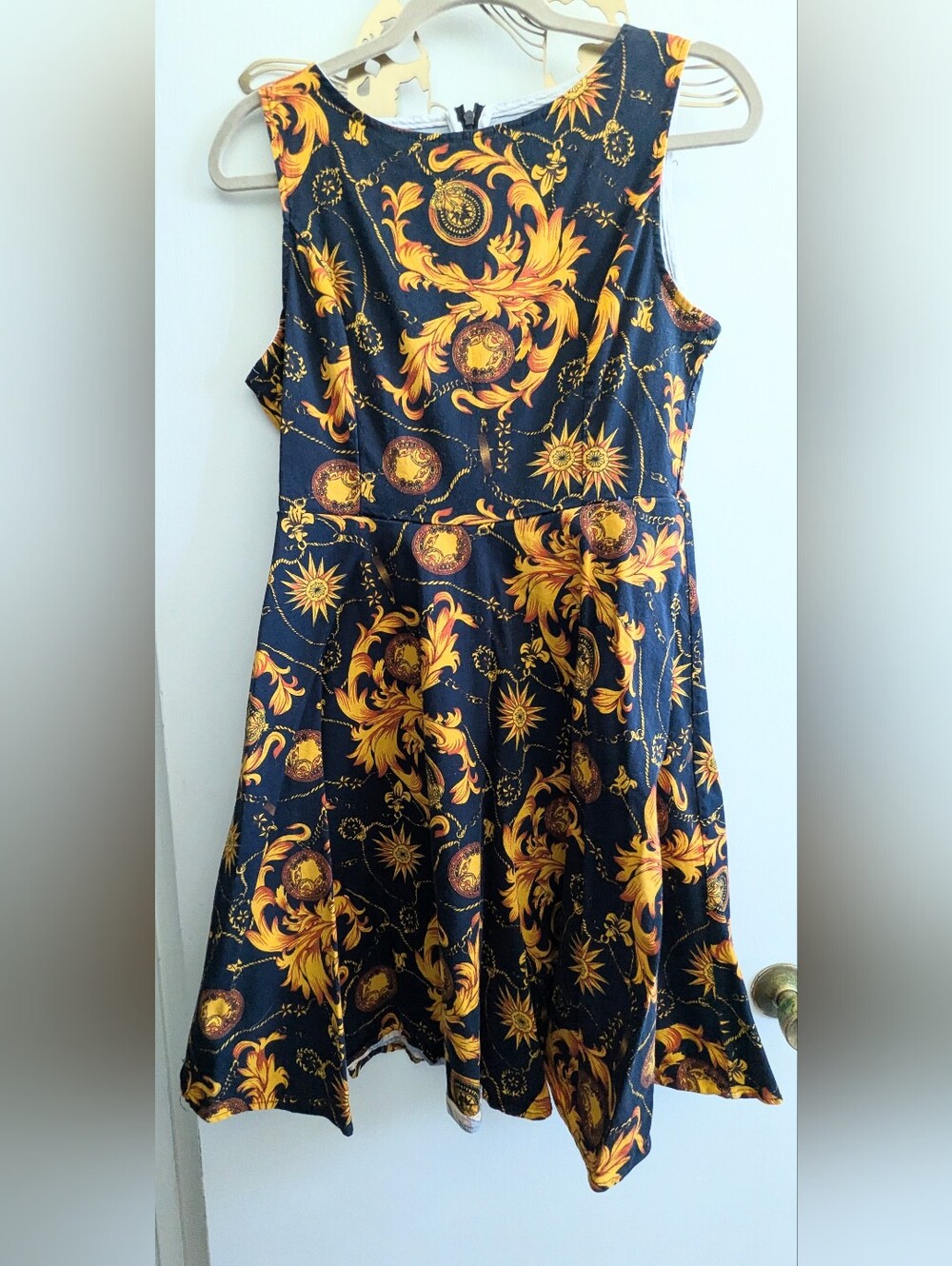 Navy And Gold Baroque Print Cotton Skater Dress, EUC, XL